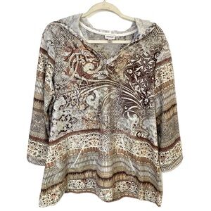 Y2K Bohemian Print 3/4 Sleeve Hoodie Shirt Women’s Size 18/20